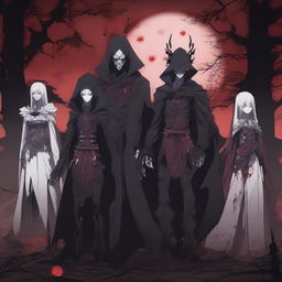 A sinister anime group of cursed villains standing together in an eerie, haunted setting