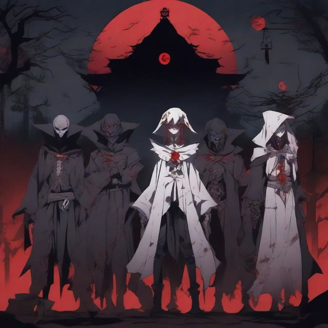 A sinister anime group of cursed villains standing together in an eerie, haunted setting