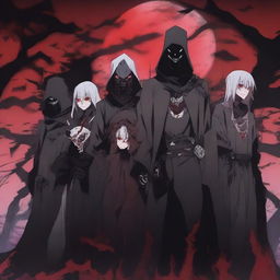 A sinister anime group of cursed villains standing together in an eerie, haunted setting