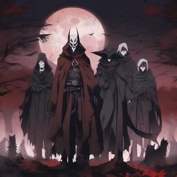 A sinister anime group of cursed villains standing together in an eerie, haunted setting