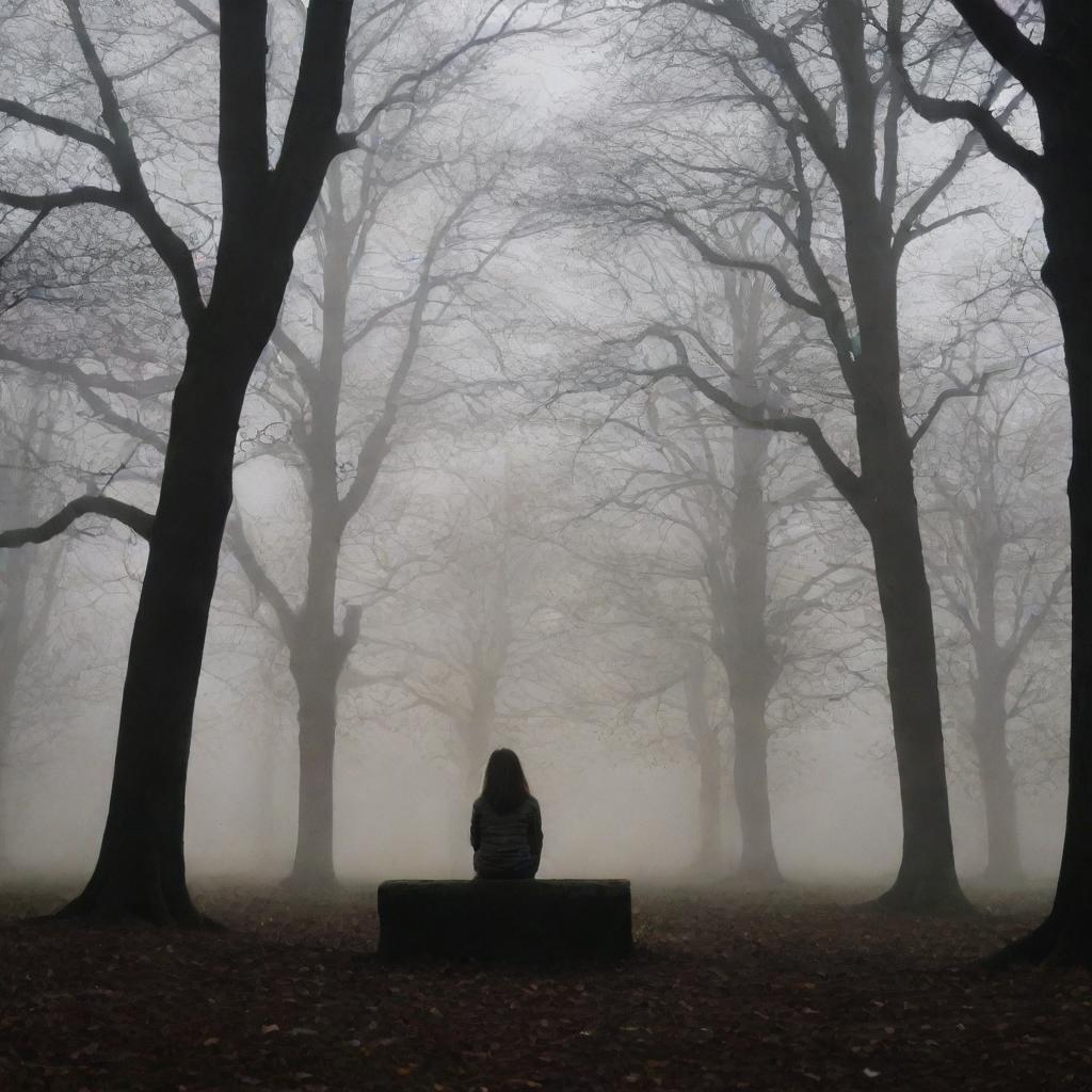 A solitary girl, wearing a cute jacket, seated in a dimly lit park filled with eerie, towering silhouettes of trees and a faint, chilling mist.