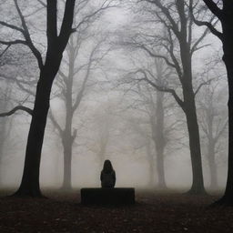 A solitary girl, wearing a cute jacket, seated in a dimly lit park filled with eerie, towering silhouettes of trees and a faint, chilling mist.