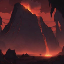 An anime scene depicting a scary hideout inside an active volcano