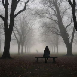 A solitary girl, wearing a cute jacket, seated in a dimly lit park filled with eerie, towering silhouettes of trees and a faint, chilling mist.