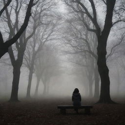 A solitary girl, wearing a cute jacket, seated in a dimly lit park filled with eerie, towering silhouettes of trees and a faint, chilling mist.