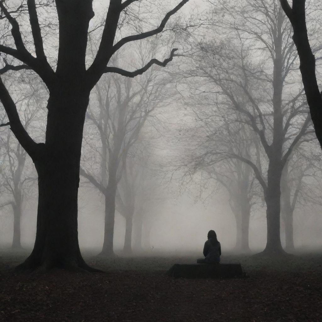 A solitary girl, wearing a cute jacket, seated in a dimly lit park filled with eerie, towering silhouettes of trees and a faint, chilling mist.