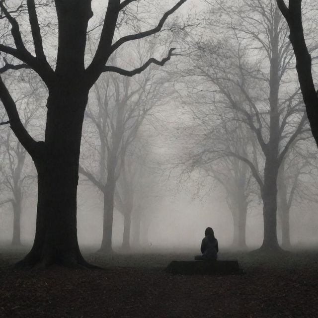 A solitary girl, wearing a cute jacket, seated in a dimly lit park filled with eerie, towering silhouettes of trees and a faint, chilling mist.