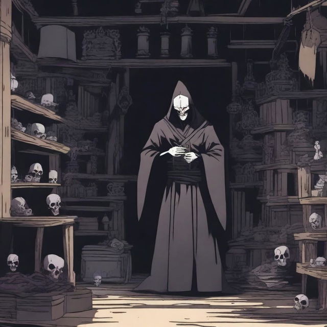 An eerie anime scene featuring a terrifying villain in their scary hideout