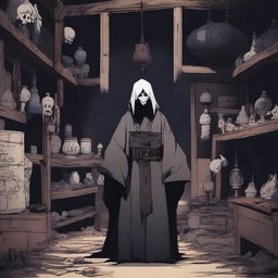 An eerie anime scene featuring a terrifying villain in their scary hideout