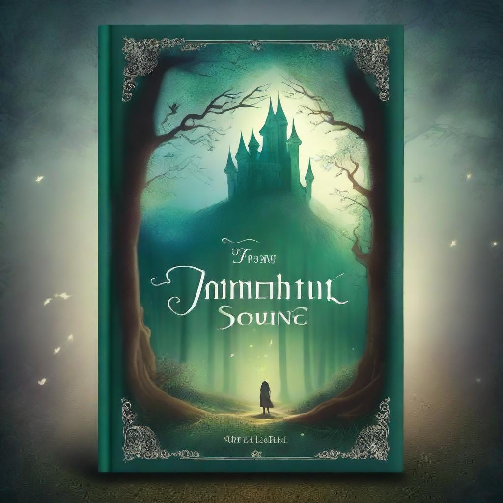 A captivating book cover featuring an enchanted forest with mystical creatures, a winding path leading to a distant castle, and a magical aura surrounding the scene