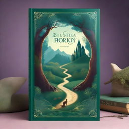 A captivating book cover featuring an enchanted forest with mystical creatures, a winding path leading to a distant castle, and a magical aura surrounding the scene