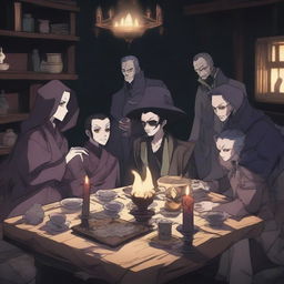 A detailed anime scene depicting a group of villains in their secret hideout