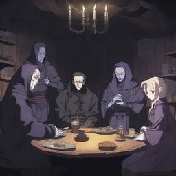 A detailed anime scene depicting a group of villains in their secret hideout