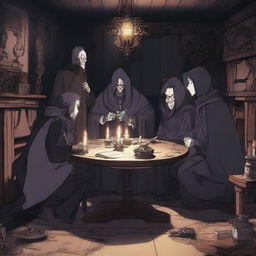 A detailed anime scene depicting a group of villains in their secret hideout