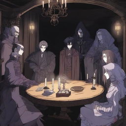 A detailed anime scene depicting a group of villains in their secret hideout