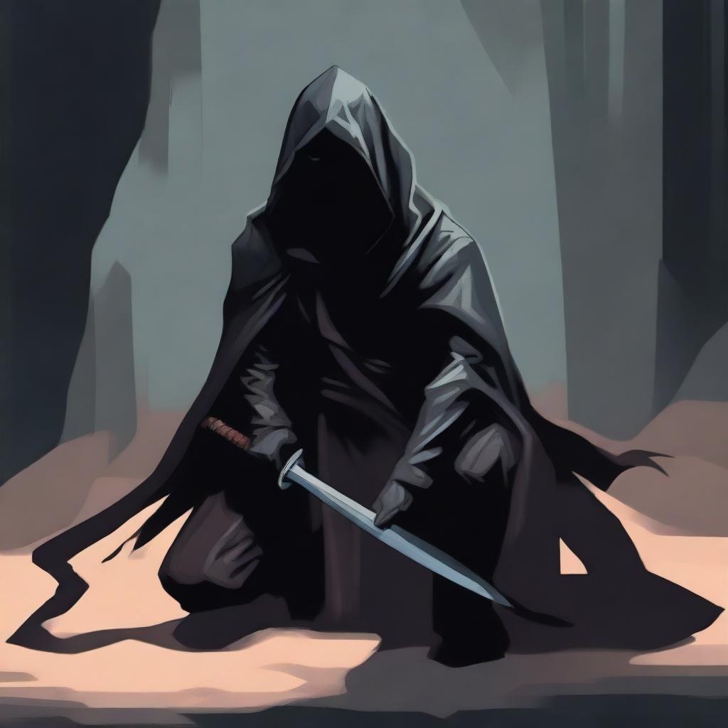 An oil paint style image of a shadow assassin in a crouched position