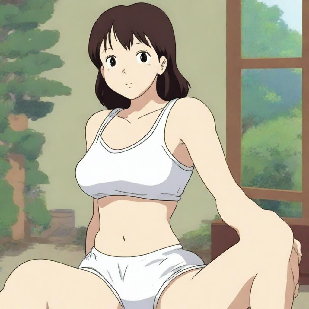 A family-friendly anime-style image featuring a woman with exaggerated proportions, wearing a tank top and white panties