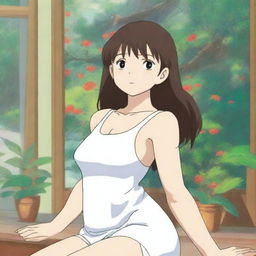 A family-friendly anime-style image featuring a woman with exaggerated proportions, wearing a tank top and white panties