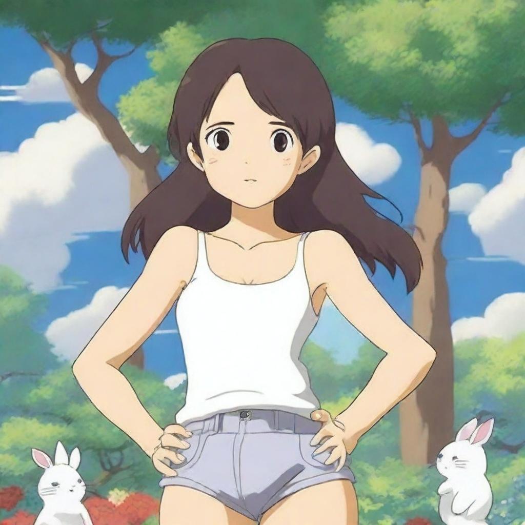 A family-friendly anime-style image featuring a woman with exaggerated proportions, wearing a tank top and white panties