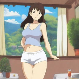 A family-friendly anime-style image featuring a woman with exaggerated proportions, wearing a tank top and white panties