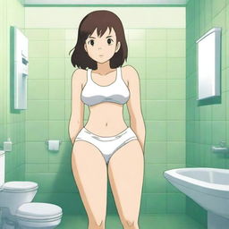 An anime-style image featuring a woman with exaggerated proportions, wearing a tank top and white panties, posing in a bathroom