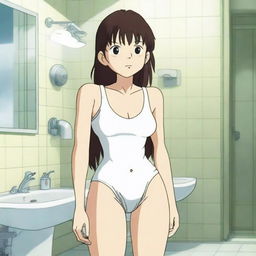 An anime-style image featuring a woman with exaggerated proportions, wearing a tank top and white panties, posing in a bathroom