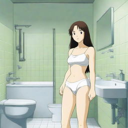 An anime-style image featuring a woman with exaggerated proportions, wearing a tank top and white panties, posing in a bathroom