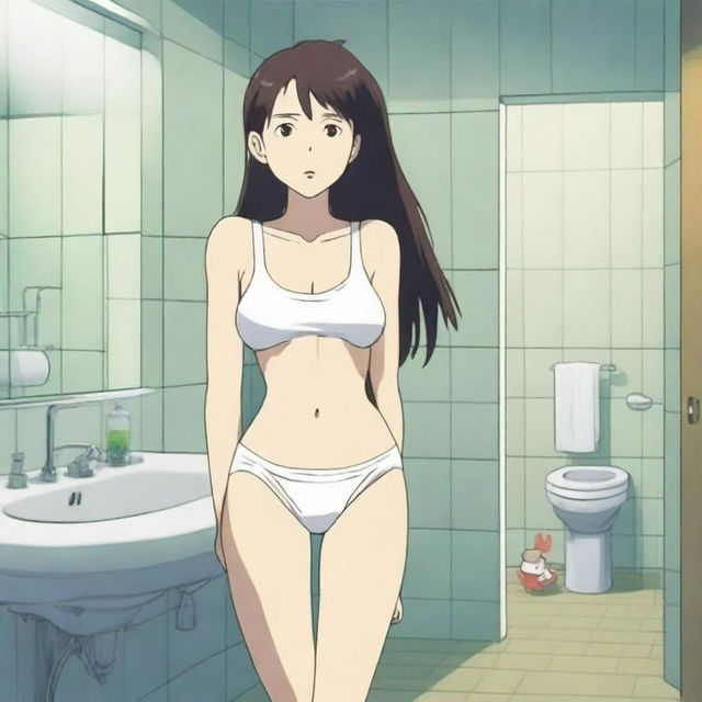 An anime-style image featuring a woman with exaggerated proportions, wearing a tank top and white panties, posing in a bathroom