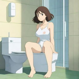 An anime-style image featuring a woman with exaggerated proportions, wearing a tank top and white panties, sitting on a toilet in a bathroom