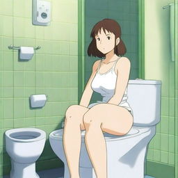 An anime-style image featuring a woman with exaggerated proportions, wearing a tank top and white panties, sitting on a toilet in a bathroom