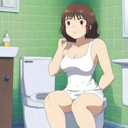 An anime-style image featuring a woman with exaggerated proportions, wearing a tank top and white panties, sitting on a toilet in a bathroom