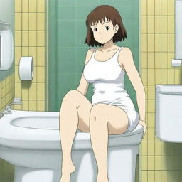 An anime-style image featuring a woman with exaggerated proportions, wearing a tank top and white panties, sitting on a toilet in a bathroom