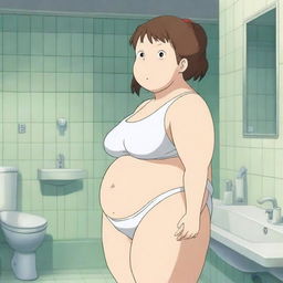 An anime-style image featuring a thick woman with exaggerated proportions, wearing a tank top and white panties, posing in a bathroom