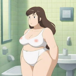 An anime-style image featuring a thick woman with exaggerated proportions, wearing a tank top and white panties, posing in a bathroom