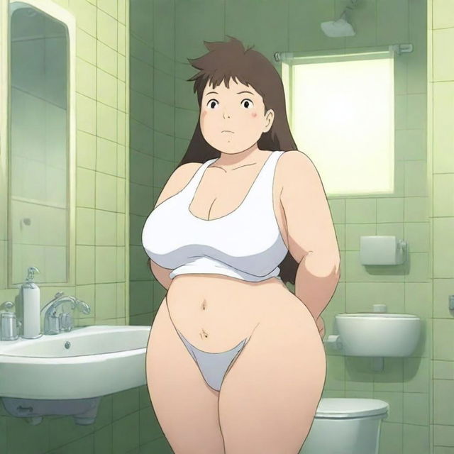 An anime-style image featuring a thick woman with exaggerated proportions, wearing a tank top and white panties, posing in a bathroom