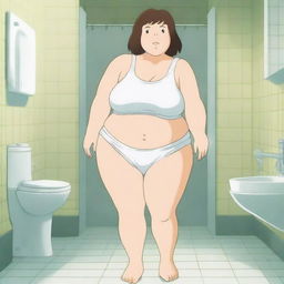 An anime-style image featuring a thick woman with exaggerated proportions, wearing a tank top and white panties, posing in a bathroom