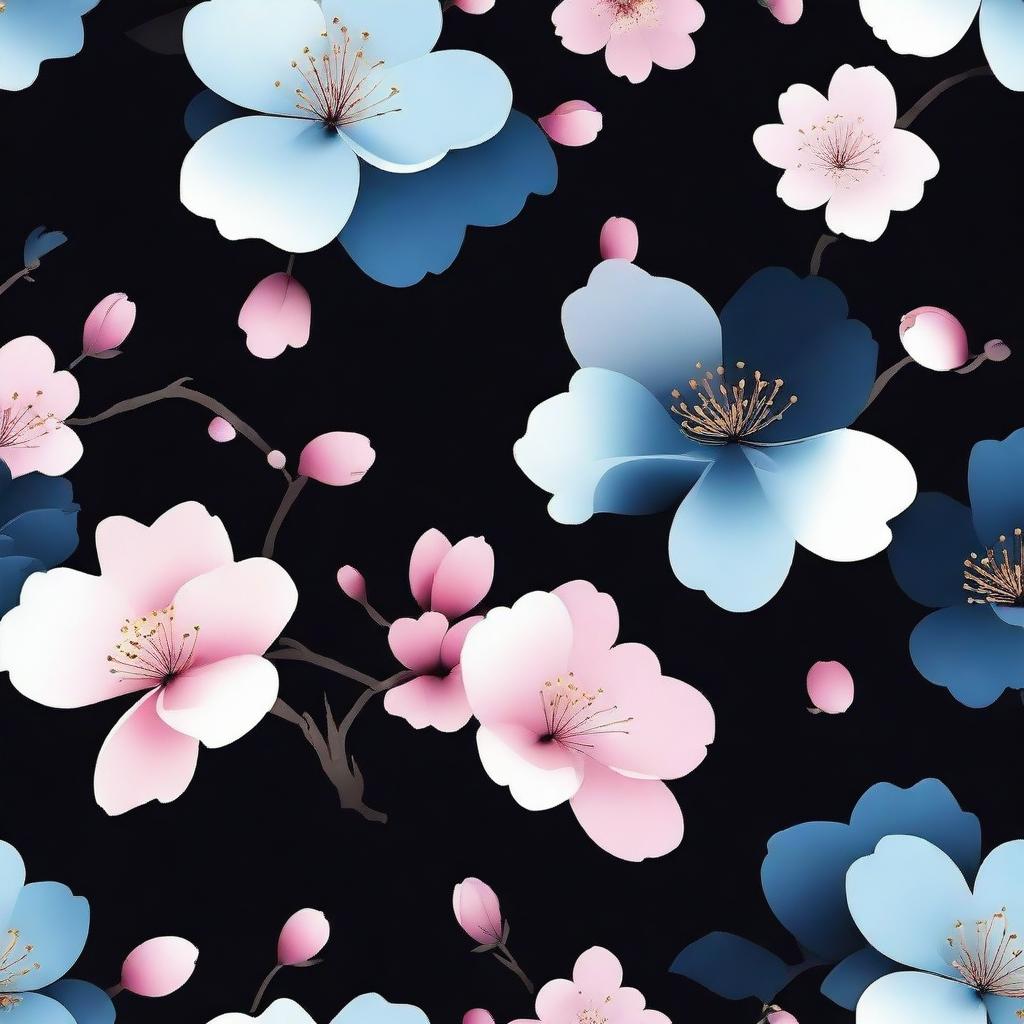 Create a realistic wallpaper featuring a black and blue background with sakura flowers