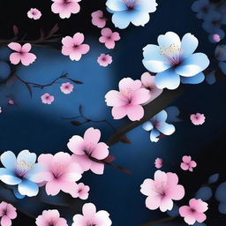 Create a realistic wallpaper featuring a black and blue background with sakura flowers