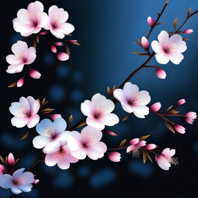 Create a realistic wallpaper featuring a black and blue background with sakura flowers