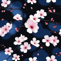 Create a realistic wallpaper featuring a black and blue background with sakura flowers