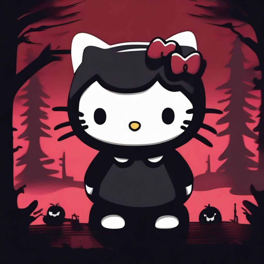 A dark and eerie rendition of Hello Kitty, with a spooky atmosphere