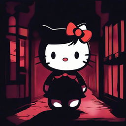 A dark and eerie rendition of Hello Kitty, with a spooky atmosphere