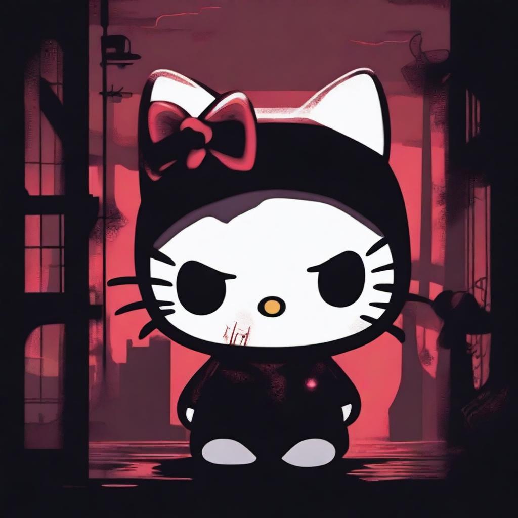 A dark and eerie rendition of Hello Kitty, with a spooky atmosphere