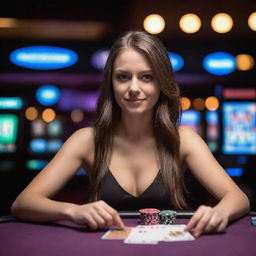 A confident young woman at a casino, immersed in the exhilarating game of poker with cash and cards spread out before her. Illuminated casino house with vibrant lighting in the background.