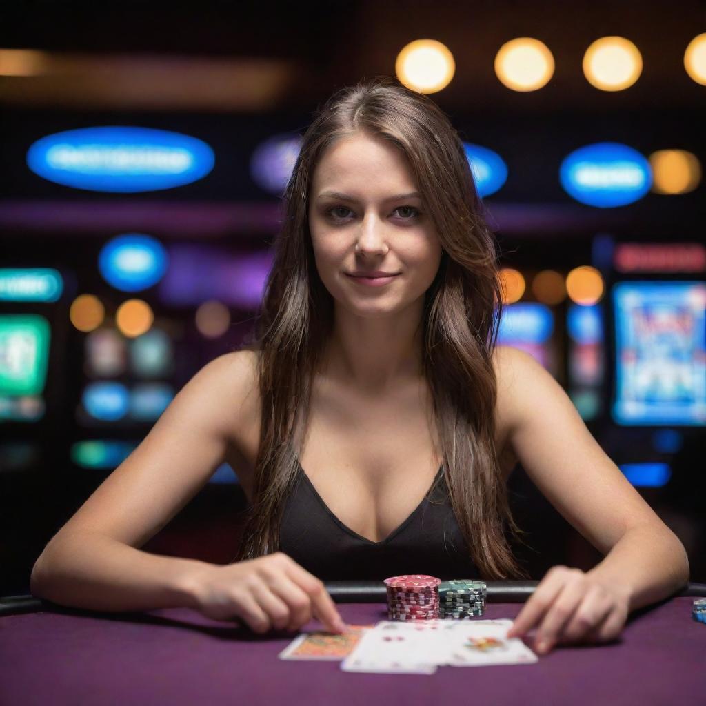 A confident young woman at a casino, immersed in the exhilarating game of poker with cash and cards spread out before her. Illuminated casino house with vibrant lighting in the background.