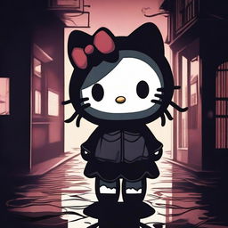 A dark and eerie rendition of Hello Kitty, with a spooky atmosphere