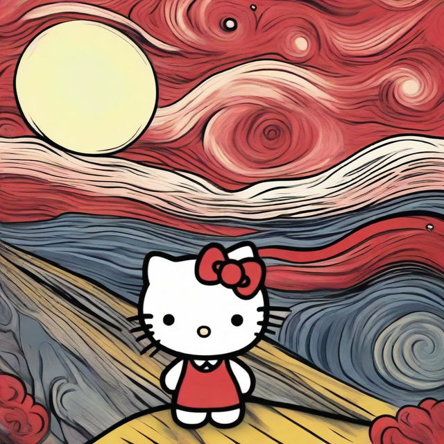 Hello Kitty depicted in the style of Edvard Munch