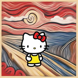 Hello Kitty depicted in the style of Edvard Munch