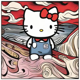 Hello Kitty depicted in the style of Edvard Munch