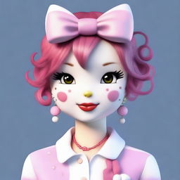 A realistic human version of Hello Kitty, maintaining her iconic features such as the bow and color scheme